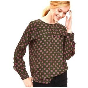 Banana Republic Blouse Women Size XS Olive Green Pink Polka Dot Ruffle Front Top